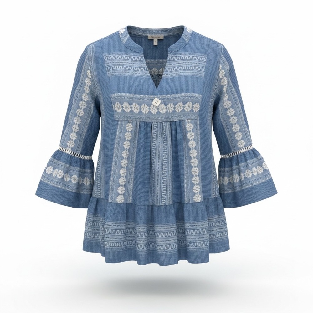 Tru Luxe Blue White Geometric‎ Boho Bell Sleeve Peasant Tunic Top Size Small